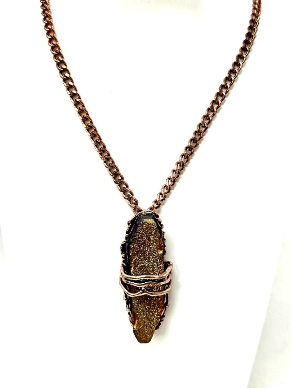 Natural Titanium Druzy Quartz Crystal Point Pendant Necklace Copper Tone Boho